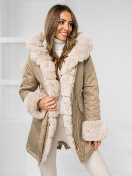 Béžová dámská dlouhá zimní bunda s kapucí parka Bolf B553