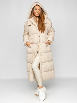 Béžová dámská prodloužená prošívaná zimní bunda s kapucí kabát Bolf R6702