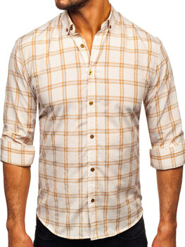 Béžová pánská kostkovaná košile s dlouhým rukávem Bolf 22749