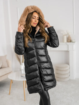 Černá dámská oboustranná dlouhá prošívaná zimní bunda s kapucí Bolf B8202