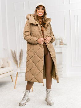 Kamelová dámská prodloužená prošívaná zimní bunda s kapucí kabát Bolf 5M3173