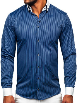 Pánská tmavě modrá elegantní pruhovaná košile s dlouhým rukávem Bolf 0909