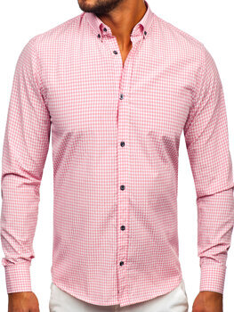 Růžová pánská kostkovaná košile s dlouhým rukávem Bolf 22745