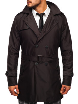 Tmavě hnědý pánský dvouřadý kabát prachovka s vysokým límcem a páskem Bolf 0001