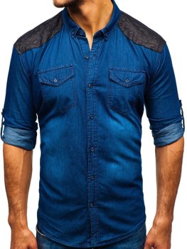 Tmavě modrá pánská vzorovaná košile s dlouhým rukávem Bolf 0517