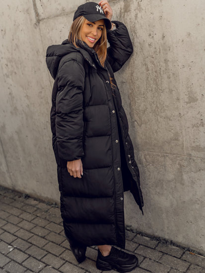 Černá dámská prodloužená prošívaná zimní bunda s kapucí kabát Bolf R6702A