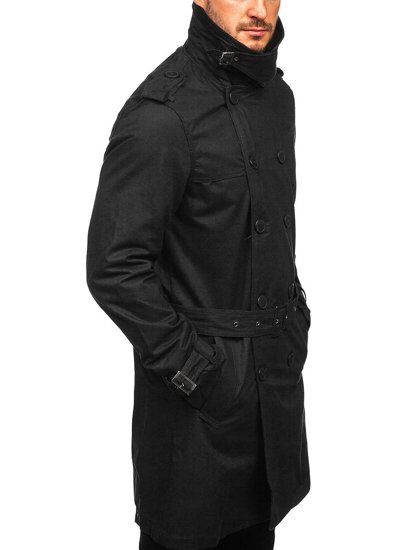 Černý pánský dvouřadý kabát s vysokým límcem a páskem Bolf 5569