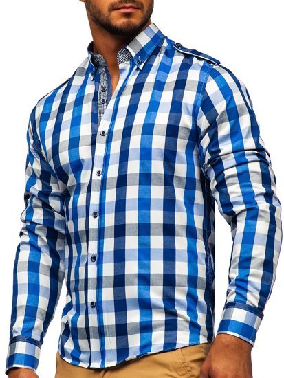 Modrá pánská kostkovaná košile s dlouhým rukávem Bolf 2779
