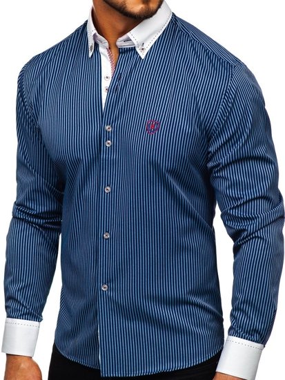 Tmavě modrá pánská proužkovaná košile s dlouhým rukávem Bolf 9717