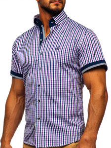 Fialová pánská kostkovaná košile s krátkým rukávem Bolf 4510