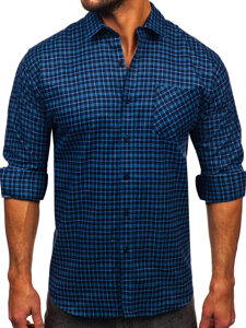 Tmavě modrá flanelová pánská kostkovaná košile s dlouhým rukávem Bolf F4