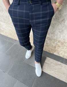 Tmavě modré pánské textilní karované chino kalhoty Bolf 0036