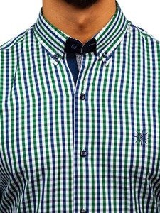 Zeleno-tmavě modrá pánská kostkovaná košile s dlouhým rukávem Bolf 4712